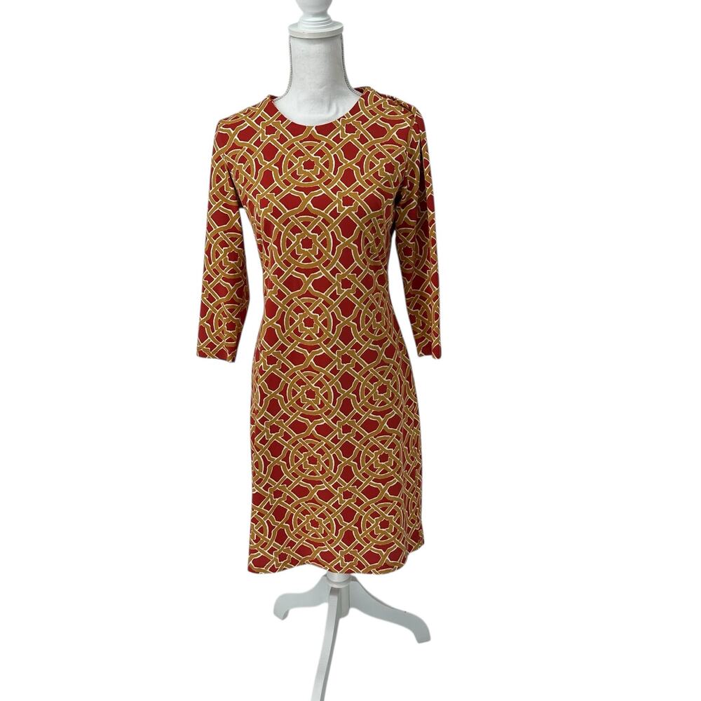 J. McLaughlin Orange Gold Trellis Print 3/4 Sleeve Pencil Dress Sz/ Small